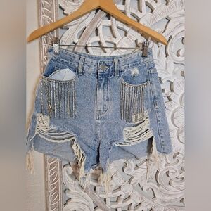 Cider Distressed Denim Shorts with Rhinestone Fringe Festival Size S